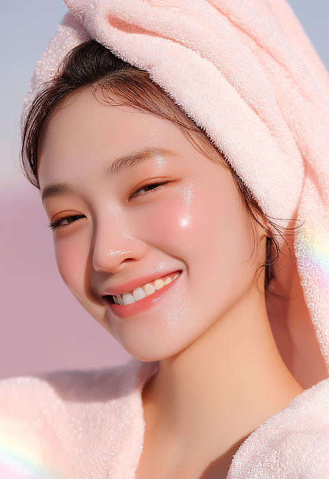 JPG 편집이미지 헤어스타일 여자 행복 분홍색 수건 화장 촉촉함 피부 스킨케어 뷰티풀 의료성형뷰티 편집실사 AI인물포토 AI콘텐츠 감정 컬러 사람 신체부위 위생용품 뷰티 젖음 CG 파일형식 AI포토
