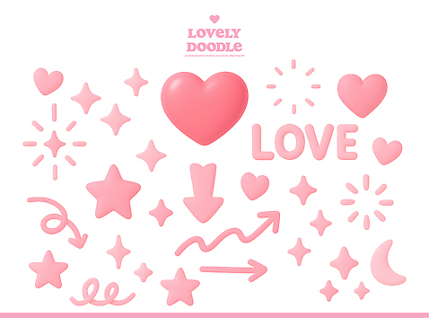 PSD 아이콘 디자인 별 분홍색 도안 사랑 그래픽 장식 3D아이콘 하트 개성 Doodle 아기자기 자연요소 모양 감정 컬러 컨셉 파일형식