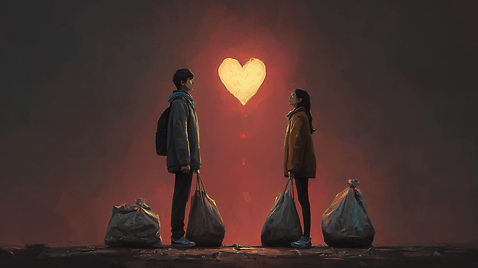 JPG 시선 감정 상징 백그라운드 일러스트 청소년 봉투 조명 거리 따뜻함 사랑 만남 하트 표현 쓰레기 연결 소중 감성 순간 국내일러스트 AI일러스트 AI콘텐츠 모양 컨셉 사람 파일형식
