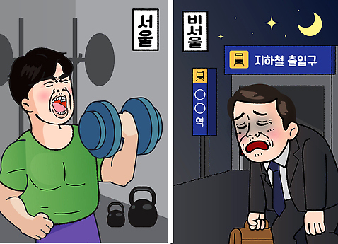 육상교통 컨셉 대중교통 한국 건강 사람 라이프 운동 헬스 야간 출퇴근 파일형식 벡터 풍경_경치 서울 남자 헬스장 아령 전철 피곤 준비 감정 야경 힘 액션 생활 일상 스트레스 저녁 퇴근 국내일러스트 일러스트 AI파일