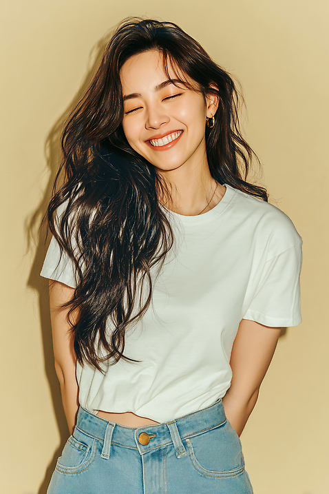 JPG 편집이미지 긴머리 여자 패션 포즈 티셔츠 미소 일상 기쁨 청바지 밝은색 뷰티풀 의료성형뷰티 스타일 편집실사 AI인물포토 AI콘텐츠 헤어스타일 감정 셔츠 바지 표정 사람 라이프 CG 파일형식 AI포토