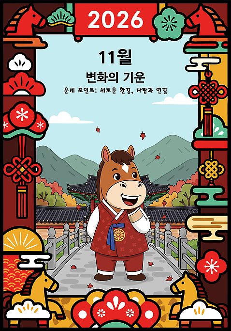 전통 디자인 기념일 문화 백그라운드 단풍 겨울 일러스트 산 한국 미소 웃음 풍경 이벤트 귀여움 축제 운세 11월 그림 말캐릭터 2026년 국내일러스트 병오년 AI파일 계절 아시아 동물캐릭터 컨셉 잎 표정 말_동물 날짜 연도 파일형식 벡터
