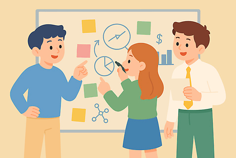 돈 일러스트 성공 회의 그래프 협력 아이디어 직장 업무 목표 계획 토론 분석 포스트잇 화이트보드 전략 시간관리 서류판 프로젝트 브레인스토밍 국내일러스트 AI파일 컨셉 회사 비즈니스 사무용품 메모지 작업 재산 파일형식 벡터