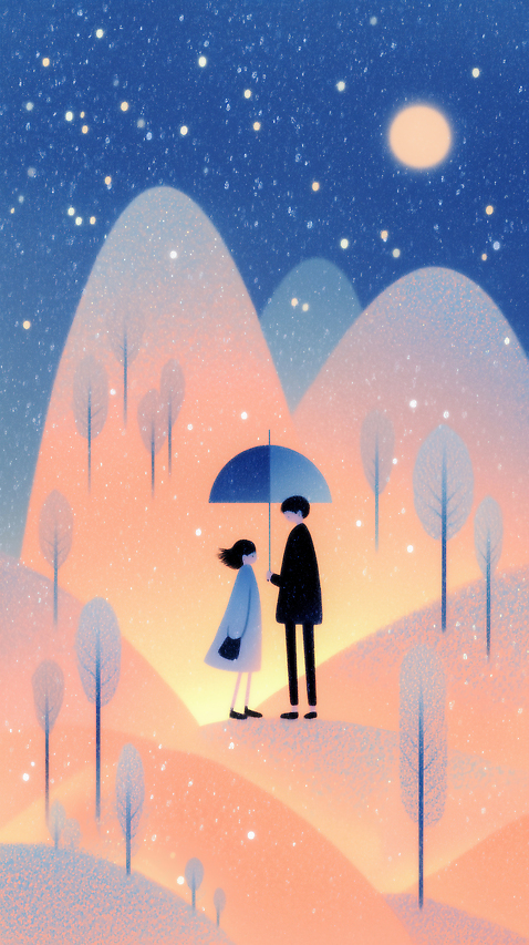 JPG 나무 커플 행복 감정 별 겨울 일러스트 우산 하늘 조명 따뜻함 사랑 풍경 평화 고요 산책 로맨틱 모닥불 뷰티풀 국내일러스트 AI일러스트 AI콘텐츠 자연요소 식물 계절 컨셉 관계 불 휴식 파일형식