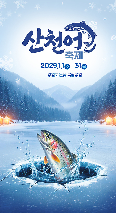 PSD 편집이미지 겨울 자연 낚시 풍경 강 야외활동 얼음 축제 즐거움 강원도 낚시터 산천어 송어 겨울축제 이미지편집 자연요소 계절 감정 레저 한국 어류 민물고기 생태계 파일형식