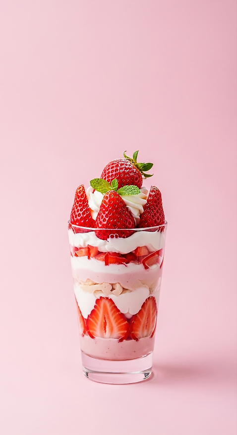 JPG 편집이미지 분홍색 과일 딸기 디저트 잔 여름 신선 달콤 맛 민트 크림 시럽 파르페 편집실사 AI포토 AI콘텐츠 식기 계절 음식 컬러 컨셉 허브 CG 파일형식
