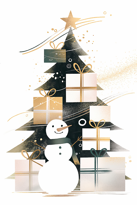 JPG 디자인 계절 행복 예술 크리스마스 겨울 일러스트 눈사람 따뜻함 선물 장식 크리스마스트리 파티 축제 기쁨 축하 장면 연말 국내일러스트 AI일러스트 AI콘텐츠 기념일 감정 컨셉 이벤트 파일형식