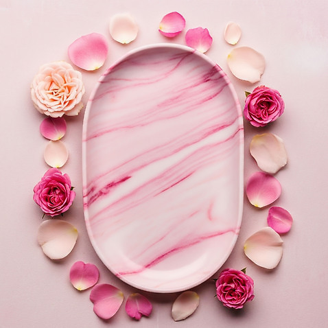 JPG 편집이미지 접시 디자인 꽃잎 꽃 예술 분홍색 백그라운드 자연 탁자 장식 인테리어 장미 구성 스타일 편집실사 AI컴퓨터그래픽 AI콘텐츠 식물 식기 컬러 가구 CG 생태계 파일형식