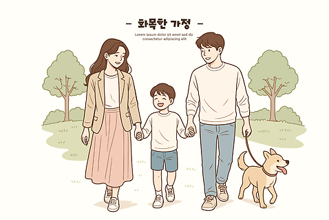 나무 공원 행복 여유 어린이 일러스트 가족 자연 함께함 웃음 일상 부모 걷기 손잡기 산책 산책로 개 강아지 즐거움 오후 국내일러스트 AI파일 식물 공공시설 감정 길 컨셉 포유류 관계 모션 휴식 표정 사람 라이프 반려동물 생태계 파일형식 벡터