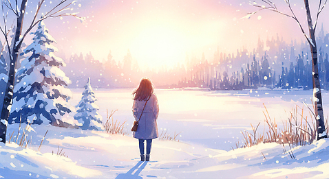 JPG 나무 여자 호수 겨울 일러스트 자연 아침 휴식 풍경 빛 일출 고요 산책 감상 차가움 숲 뷰티풀 국내일러스트 AI일러스트 AI콘텐츠 주간 식물 계절 컨셉 사람 노을 생태계 파일형식