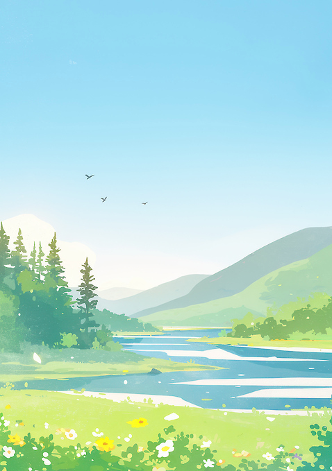 JPG 나무 식물 꽃 일러스트 자연 조류 하늘 생명 산 풍경 초원 초록색 여름 강 평화 걷기 맑음 조용 국내일러스트 AI일러스트 AI콘텐츠 동물 계절 컬러 컨셉 모션 날씨 생태계 파일형식