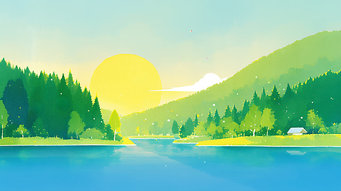 JPG 호수 일러스트 자연 하늘 생명 아침 산 풍경 초록색 물 여름 빛 태양 반사 평화 환경 고요 숲 풍요 국내일러스트 AI일러스트 AI콘텐츠 주간 자연요소 계절 컬러 컨셉 생태계 파일형식