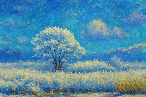 JPG 나무 겨울 일러스트 자연 하늘 산 풍경 잔디 파란색 평화 고요 흰색 숲 뷰티풀 겨울풍경 국내일러스트 AI일러스트 AI콘텐츠 식물 계절 컬러 컨셉 생태계 파일형식