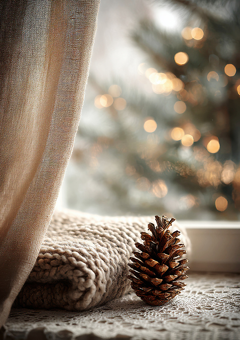 JPG 편집이미지 크리스마스 겨울 자연 주택 따뜻함 빛 인테리어 평화 소나무 편안함 담요 창가 오브젝트 솔방울 편집실사 AI포토 AI콘텐츠 나무 디자인 계절 기념일 컨셉 창문 건물 감각 CG 생태계 파일형식