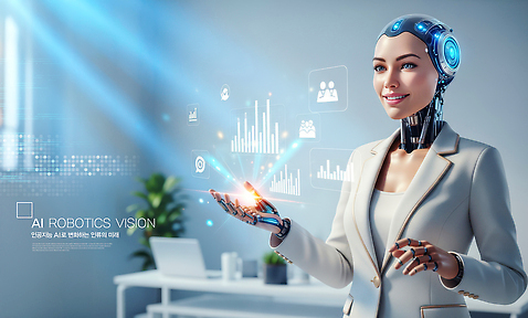 JPG 편집이미지 여자 비즈니스 통신 미래 기술 그래픽 사무실 디지털 자료 전시 로봇 청자켓 혁명 AI_인공지능 이미지편집 AI컴퓨터그래픽 AI콘텐츠 컨셉 사람 재킷 파일형식