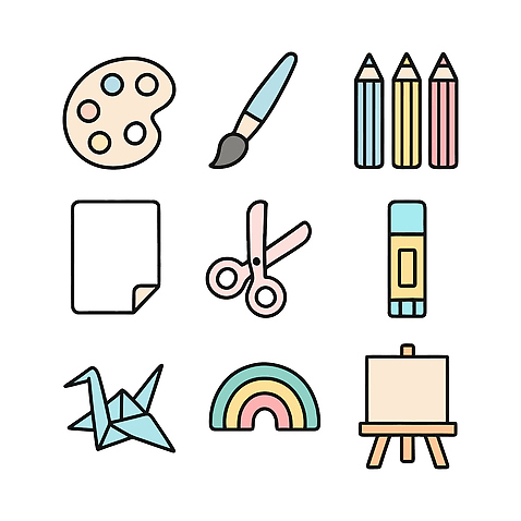 자연요소 아이콘 문화예술 학용품 필기구 종이접기 파일형식 벡터 미술 도구 연필 붓 종이 종이학 무지개 그림 컬러 창의성 모션 예술 작업 2D아이콘 AI파일