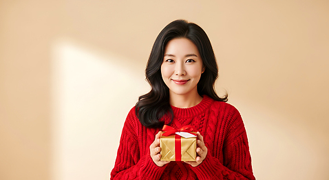 JPG 편집이미지 손 여자 행복 감정 크리스마스 따뜻함 선물 미소 빨간색 축제 기쁨 금색 스웨터 의료성형뷰티 편집실사 AI인물포토 AI콘텐츠 기념일 컬러 상의 표정 사람 신체부위 CG 파일형식 AI포토