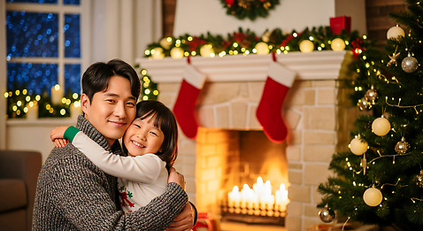 JPG 편집이미지 딸 행복 크리스마스 가족 포옹 조명 따뜻함 사랑 미소 장식 크리스마스트리 아빠 저녁 벽난로 순간 의료성형뷰티 편집실사 AI인물포토 AI콘텐츠 기념일 감정 관계 안기 표정 야간 CG 파일형식 AI포토