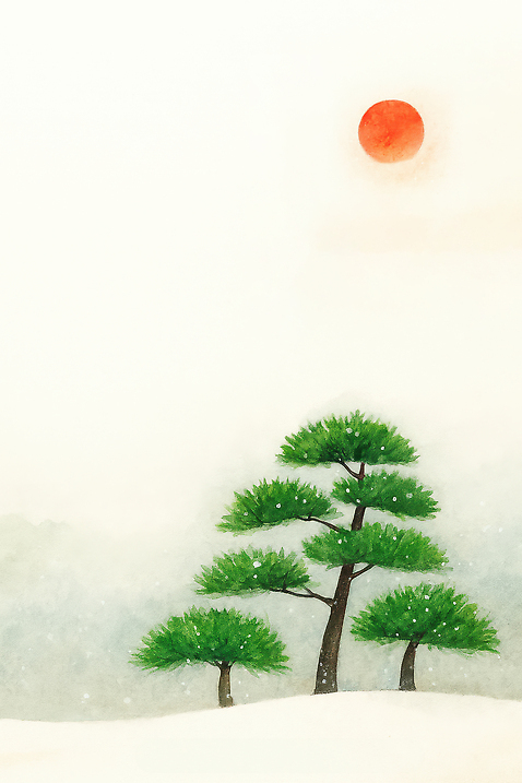 JPG 겨울 일러스트 자연 하늘 생명 날씨 따뜻함 풍경 햇빛 태양 일출 소나무 숲 생태계 조용 조화 산기슭 수목 울창 풍경화 국내일러스트 AI일러스트 AI콘텐츠 자연요소 나무 계절 산 노을 그림 파일형식