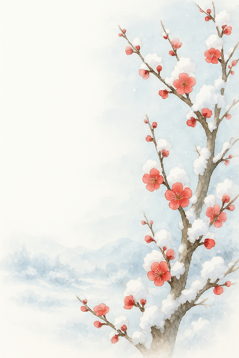 JPG 나무 계절 꽃 감정 겨울 일러스트 자연 하늘 아침 수채화 풍경 고요 추위 매화 화사함 겨울꽃 조화 홍매화 색감 눈덮임 국내일러스트 AI일러스트 AI콘텐츠 주간 식물 컨셉 생태계 파일형식