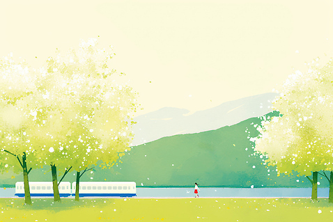 JPG 나무 호수 어린이 여행 백그라운드 일러스트 자연 휴식 산 사람 풍경 물 여름 소풍 평화 산책 기차 분위기 색감 국내일러스트 AI일러스트 AI콘텐츠 자연요소 식물 계절 육상교통 컨셉 대중교통 야외활동 생태계 파일형식
