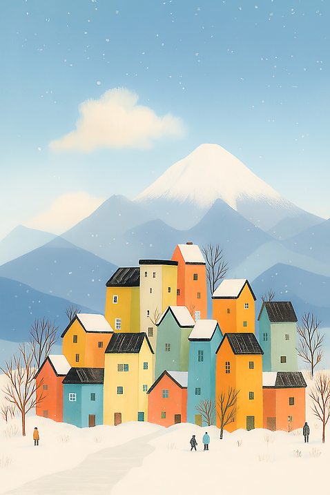 JPG 컬러 여행 겨울 일러스트 자연 산 거리 주택 풍경 건물 햇빛 마을 환경 고요 목가 국내일러스트 AI일러스트 AI콘텐츠 건축물 계절 태양 생태계 파일형식
