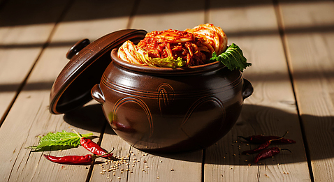 JPG 편집이미지 채소 고추 탁자 김치 한국 요리 햇빛 식사 전통음식 항아리 상추 김장 발효음식 편집실사 AI포토 AI콘텐츠 전통 아시아 한식 음식 가구 태양 도자기 CG 파일형식