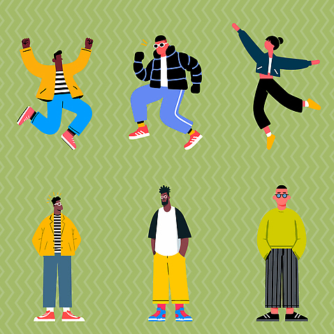 캐릭터 디자인 옷 문화 여유 컬러 포즈 일러스트 모션 여러명 일상 에너지 자유 표현 분위기 즐거움 소통 창의력 스타일 국내일러스트 AI파일 감정 다수 컨셉 사람 라이프 파일형식 벡터