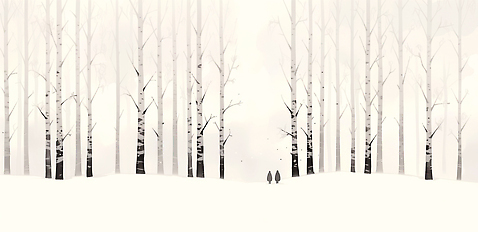 JPG 나무 겨울 일러스트 자연 사람 풍경 두명 침묵 고요 산책 흰색 숲속 숲 러시아 조경 자작나무 자작나무숲 국내일러스트 AI일러스트 AI콘텐츠 식물 계절 유럽 컬러 휴식 소리 생태계 파일형식