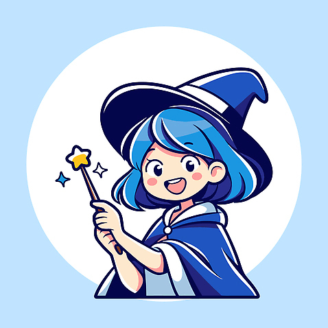 캐릭터 어린이 일러스트 지팡이 동화 웃음 소녀 파란색 반짝임 판타지 귀여움 마법사 즐거움 마법 스토리 국내일러스트 AI파일 여자 감정 컬러 컨셉 모션 상상 표정 사람 파일형식 벡터