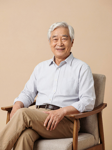 JPG 편집이미지 할아버지 노년 남자 거실 표정 미소 인테리어 소파 평화 편안함 나무의자 주거공간 의료성형뷰티 차분 편집실사 AI인물포토 AI콘텐츠 디자인 컨셉 의자 사람 성인 목재 공간 감각 CG 파일형식 AI포토