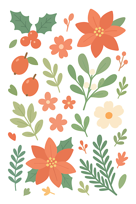 모양 식물 디자인 꽃 컬러 크리스마스 패턴 일러스트 자연 장식 빨간색 초록색 주황색 봄 부드러움 화사함 조화 포인세티아 보완 생동감 보테니컬아트 국내일러스트 AI파일 계절 기념일 컨셉 무늬 감각 생태계 파일형식 벡터