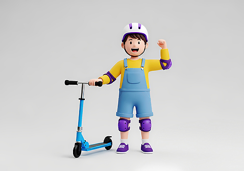 JPG 편집이미지 캐릭터 디자인 어린이 놀이 운동 스쿠터 헬멧 안전장비 즐거움 교통안전 밝은색 편집3D AI컴퓨터그래픽 AI콘텐츠 감정 건강 안전 사람 3D 장비 오토바이 보호장비 파일형식