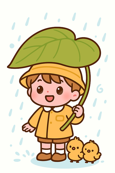 동물 어린이 포즈 잎 일러스트 우산 날씨 풍경 물 노란색 귀여움 정원 봄 물방울 닭 오브젝트 장면 우비 수분_꽃가루 국내일러스트 AI파일 자연요소 식물 옷 계절 컬러 컨셉 조류 사람 파일형식 벡터