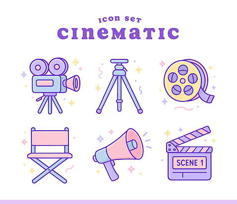 디자인 예술 의자 일러스트 세트 카메라 촬영 확성기 장비 도구 표현 제조 클래퍼보드 필름 영화 영상 삼각대 창작 국내일러스트 AI파일 가구 문화예술 전자제품 파일형식 벡터