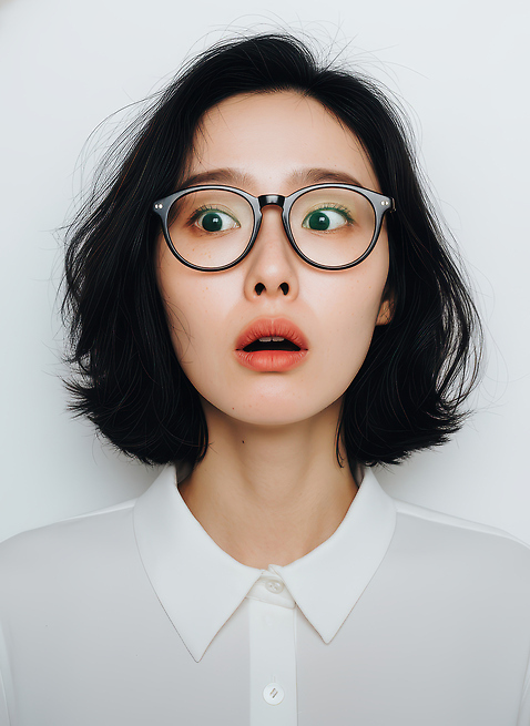 JPG 편집이미지 헤어스타일 응시 여자 감정 안경 얼굴 포즈 백그라운드 셔츠 표정 앞모습 놀람 흰색 단발머리 의료성형뷰티 스타일 편집실사 AI인물포토 AI콘텐츠 시선 잡화 뷰포인트 컬러 상의 사람 신체부위 CG 파일형식 AI포토