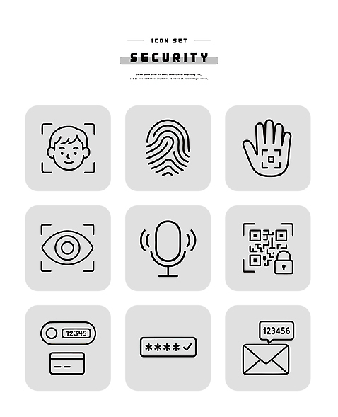 아이콘 손 얼굴 안전 자료 이메일 암호 보호 마이크 보안 시스템 QR코드 인증 지문 2D아이콘 AI파일 음향기기 컨셉 신체부위 파일형식 벡터