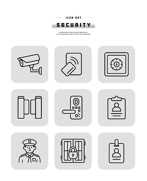 아이콘 자물쇠 기술 관리 경비 안전 카메라 자료 보호 보안 감시 시스템 경호원 방범 출입카드 2D아이콘 AI파일 직업 컨셉 전자제품 출입증 파일형식 벡터