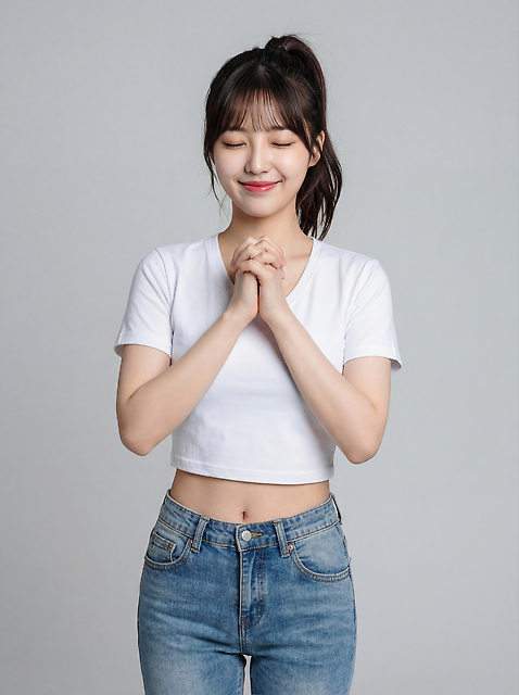 JPG 전신 모델 편집이미지 손 옷 여자 패션 티셔츠 새해 미소 흰색 청바지 결심 포니테일 의료성형뷰티 스타일 편집실사 AI인물포토 AI콘텐츠 헤어스타일 컬러 컨셉 셔츠 바지 표정 사람 신체부위 CG 파일형식 AI포토