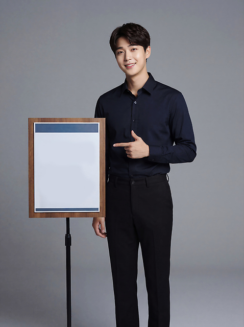 JPG 모델 편집이미지 남자 포즈 백그라운드 비즈니스 촬영 스탠드 가리킴 판넬 알림 의료성형뷰티 편집실사 AI인물포토 AI콘텐츠 조명 사람 손짓 CG 파일형식 AI포토