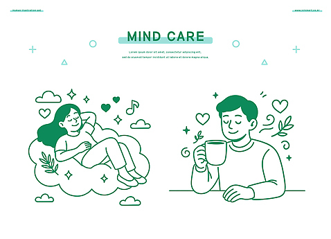 행복 감정 음악 일러스트 모션 휴식 스트레스 사람 일상 편안함 즐거움 긍정 심리 차마시기 회복 정신건강 국내일러스트 AI파일 컨셉 문화예술 건강 라이프 마시기 감각 파일형식 벡터