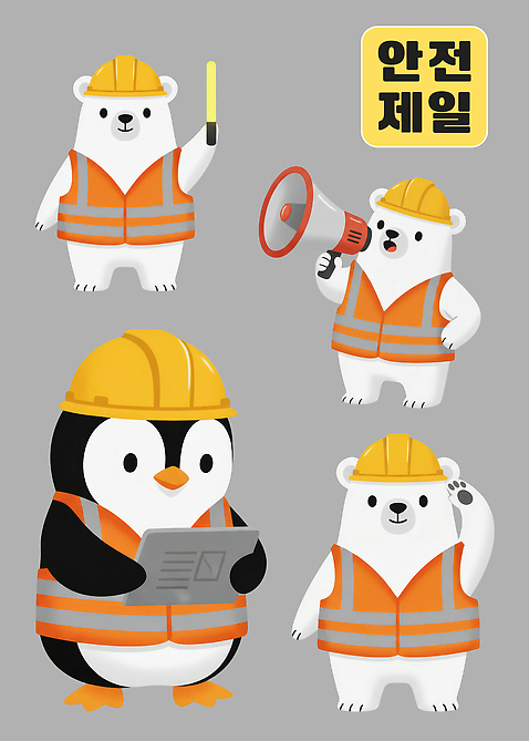 PSD 무료이미지 캐릭터 교육 일러스트 비즈니스 곰 모션 경고 안전 여러명 소리 장비 정보 조끼 작업 그룹 안전모 토론 준비 펭귄 북극곰 일러캐릭터 동물 다수 포유류 조류 사람 외투 헬멧 안전장비 파일형식 무료콘텐츠