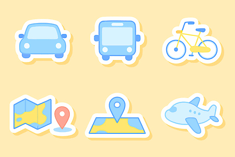 아이콘 육상교통 컬러 교통 컨셉 항공교통 대중교통 바이크 파일형식 벡터 교통수단 자동차 버스 자전거 비행기 지도 위치 여행 이동 디자인 파란색 노란색 스티커 탐색 2D아이콘 AI파일