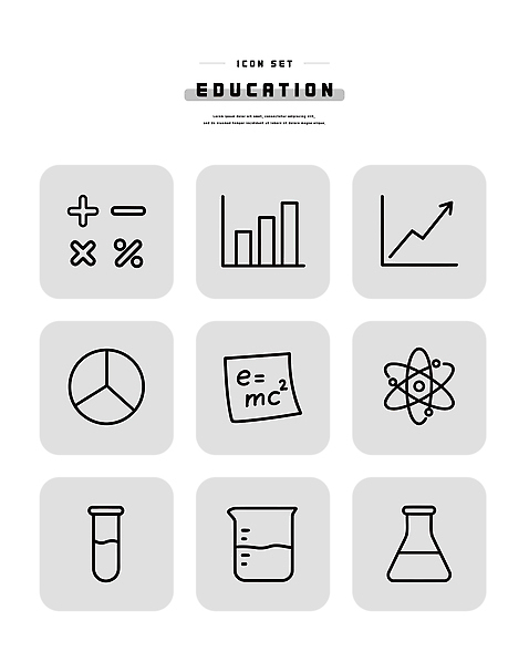 아이콘 문자 과학 교과목 그래프 사무용품 파일형식 벡터 교육 그래픽 수학 서류판 통계 화학 원자 실험 기호 수치 자료 2D아이콘 AI파일 라인아이콘