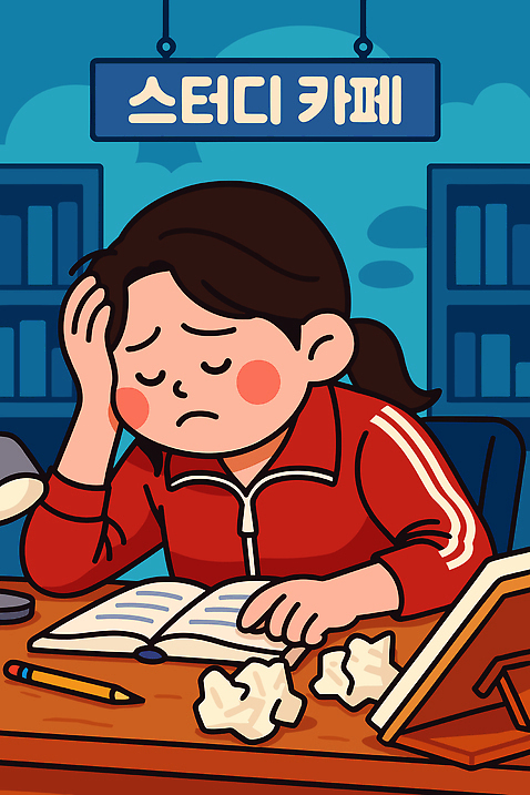 여자 교육 감정 어린이 컨셉 문구용품 필기구 구직 파일형식 벡터 학습 소녀 스트레스 도서관 책 공책 고민 오후 집중 작업 조명 표정 펜 종이 환경 일러스트 국내일러스트 AI파일 취업준비생