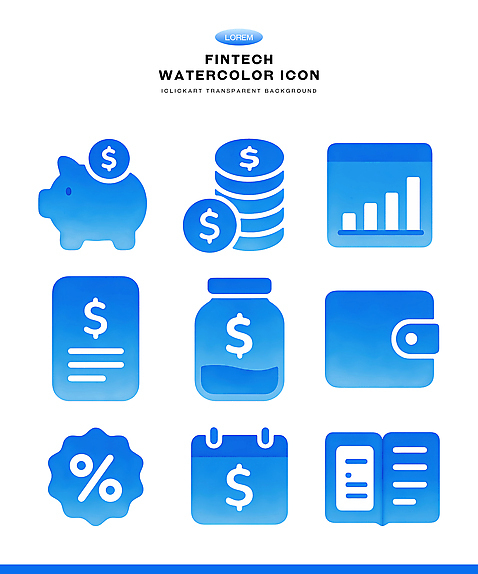 PSD 아이콘 그래프 수채화 기술 관리 금융 파란색 동전 거래 저금통 지갑 통장 투자 수익 핀테크 비용 2D아이콘 컬러 돈 비즈니스 모바일 경제 저축 파일형식