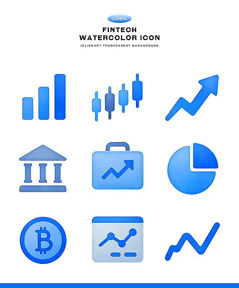 PSD 아이콘 기호 그래프 수채화 금융 경제 파란색 자료 정보 성장 증권 투자 통화 서류판 핀테크 가상화폐 2D아이콘 문자 컬러 돈 비즈니스 모션 모바일 사무용품 파일형식