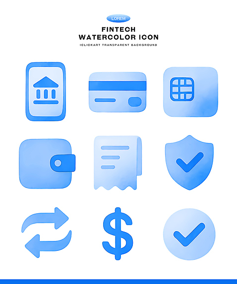 PSD 아이콘 디자인 수채화 안전 그래픽 금융 파란색 디지털 거래 지갑 체크표시 모음 영수증 인증 핀테크 2D아이콘 컬러 컨셉 모바일 경제 확인 파일형식