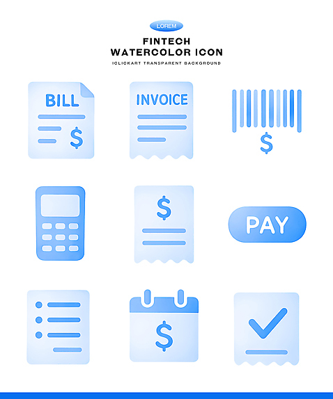 PSD 아이콘 디자인 수채화 관리 금융 파란색 디지털 거래 계산기 서비스 바코드 결제 시스템 계산서 기능 송장 핀테크 2D아이콘 컬러 모바일 문구용품 경제 장비 파일형식