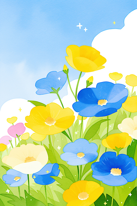 JPG 계절 꽃 감정 컬러 일러스트 봄꽃 자연 하늘 날씨 풍경 잔디 생활 초록색 파란색 빛 햇빛 노란색 봄 만개 국내일러스트 AI일러스트 AI콘텐츠 식물 태양 생태계 파일형식